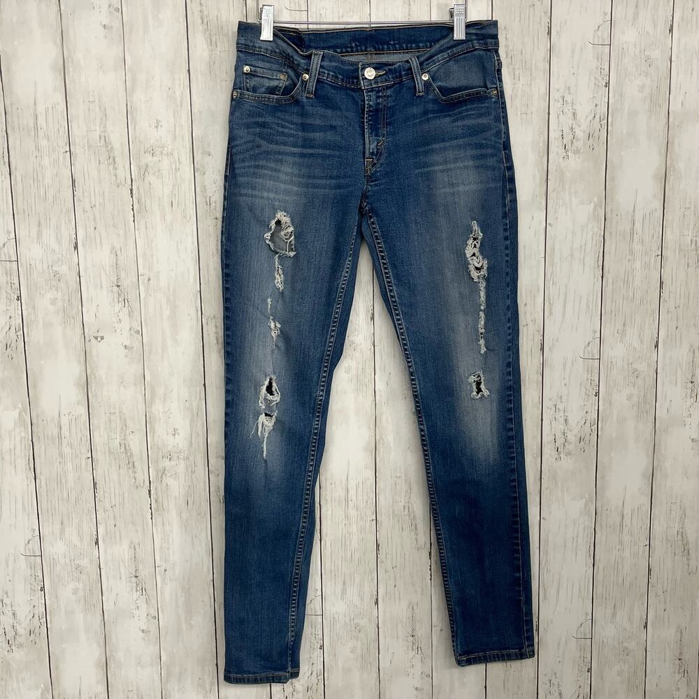 Levi's 507 Distressed Ripped Mid Rise Medium Wash Skinny Boot Jeans 30